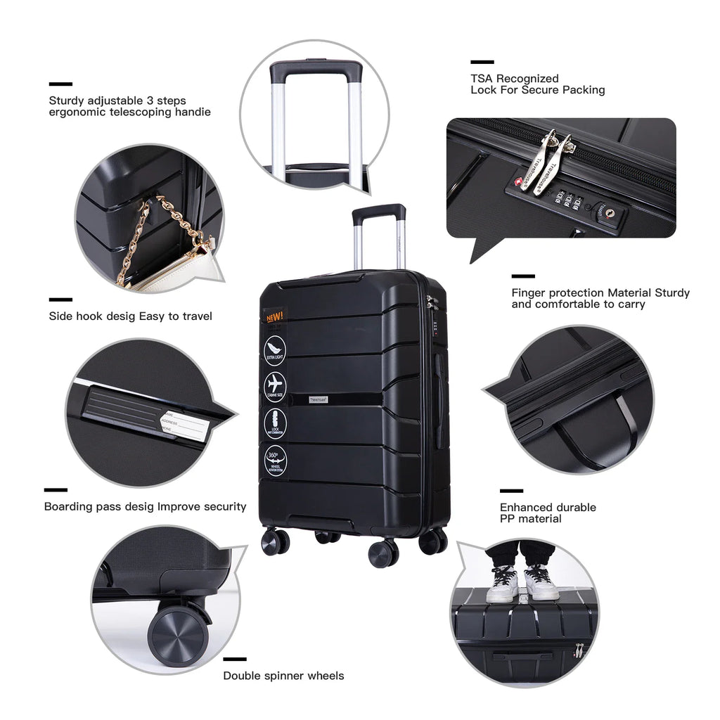 A black hardshell suitcase with callouts detailing its features like handle, wheels, and material.