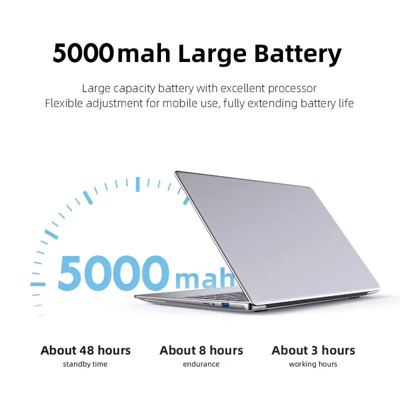 A profile view of a silver laptop displayed next to battery capacity and runtime information.