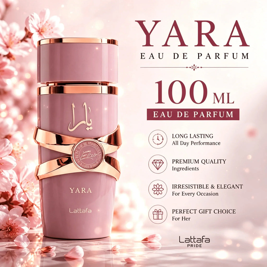A pink perfume bottle in front of cherry blossoms with text detailing product features and volume.