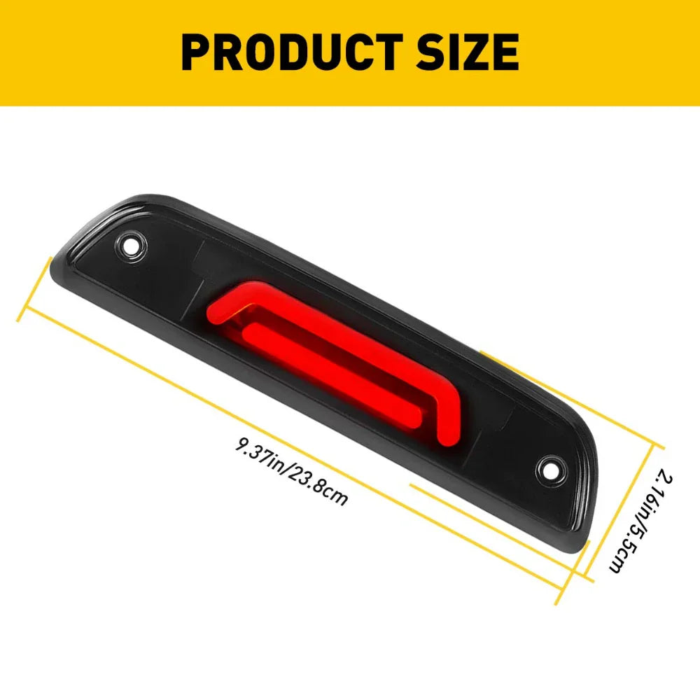 Black LED third brake light with dimensions labeled in inches and centimeters
