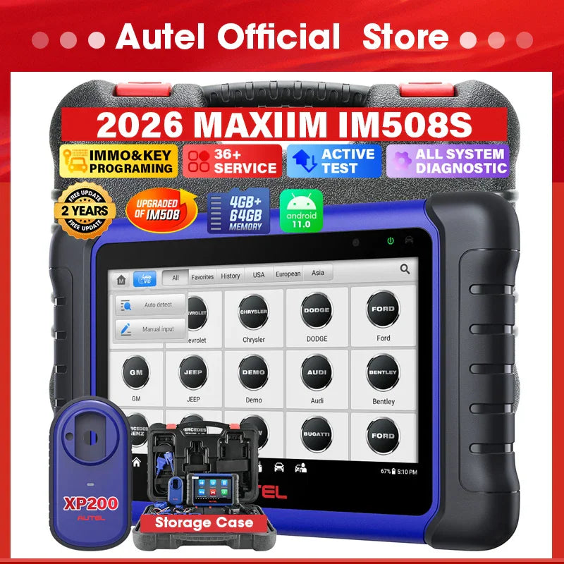Automotive diagnostic tablet with carrying case and key programmer.