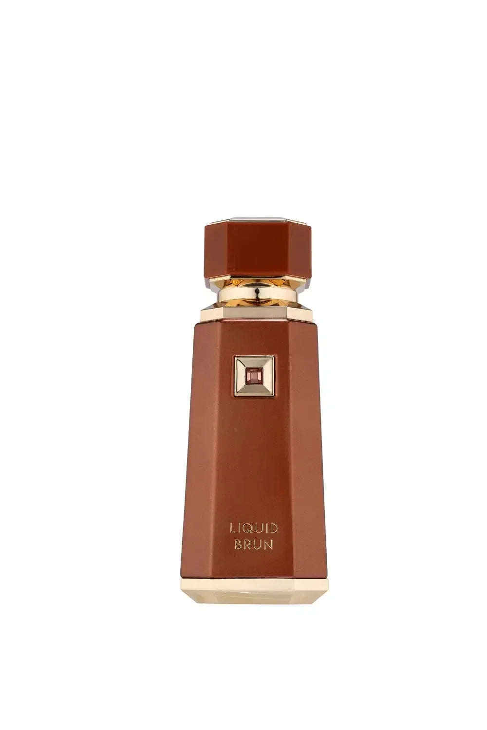 Brown perfume bottle with gold cap on a white background
