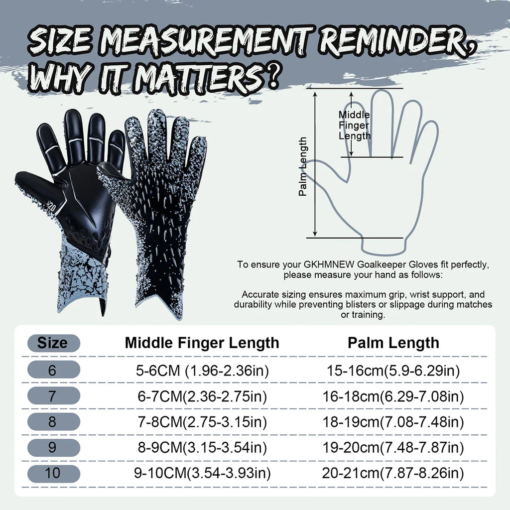 Goalkeeper glove size measurement chart with text