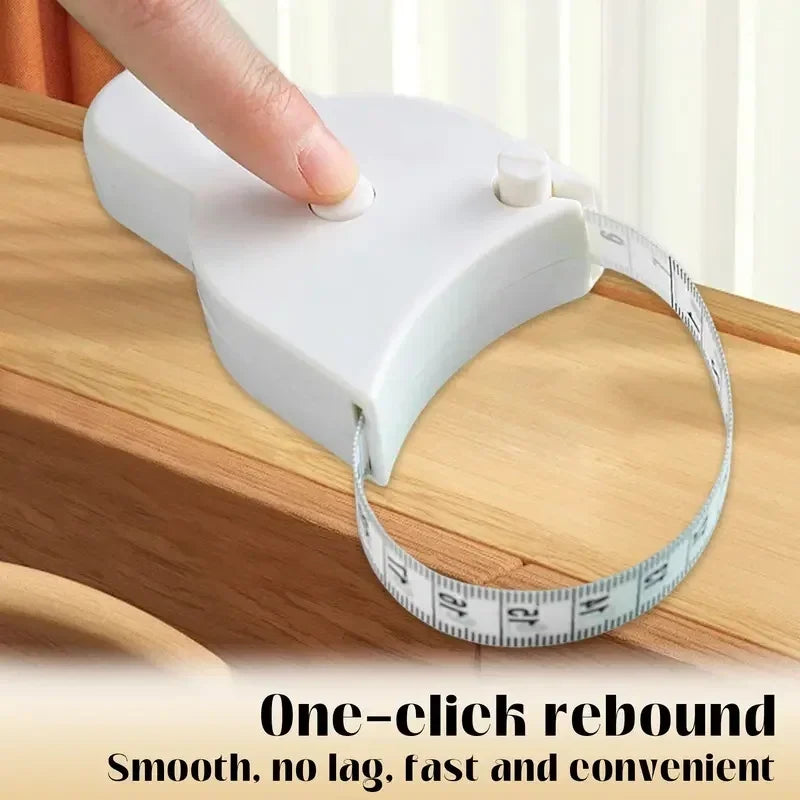 Automatic retractable tape measure being used with one-click button mechanism