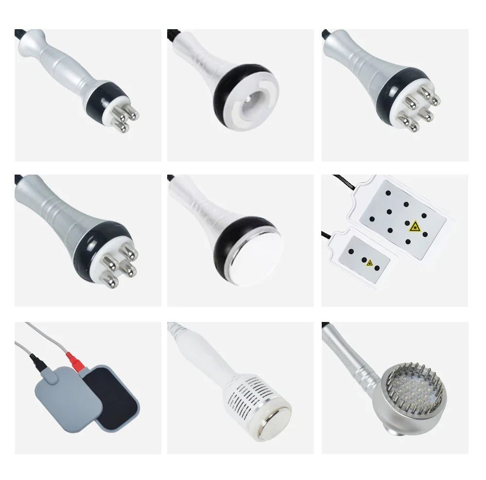 A grid showing various attachment heads and components for a body sculpting beauty machine.