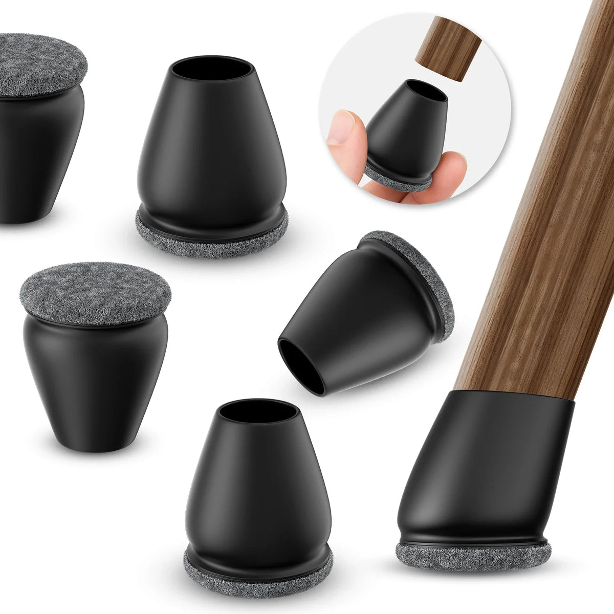 Black silicone chair leg floor protectors with thick felt pads attached to wooden furniture legs