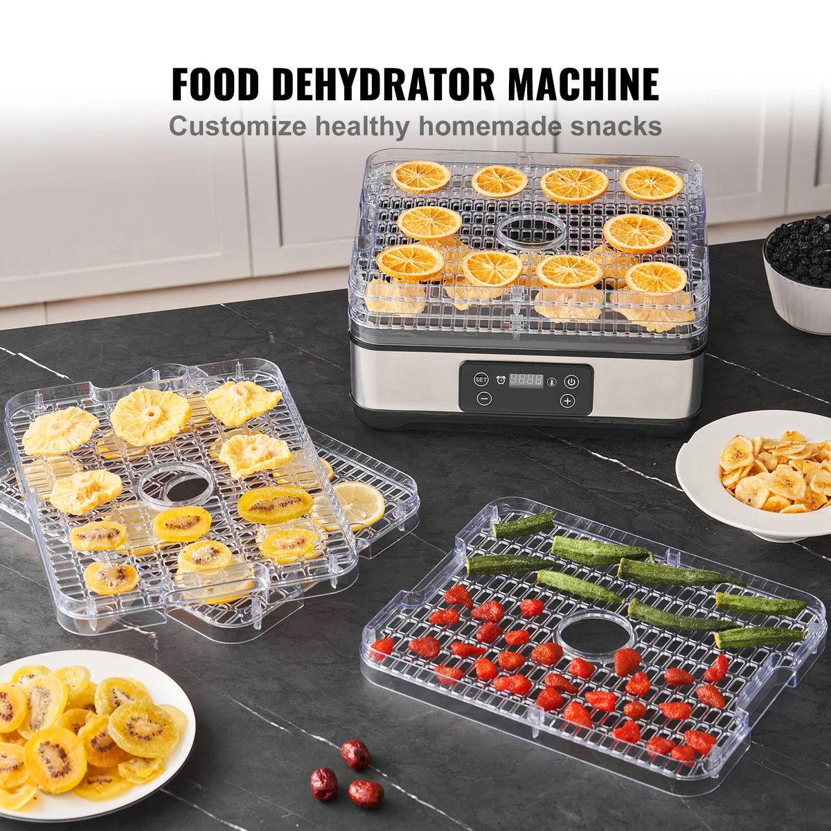 5-tray food dehydrator machine with various dried fruit and vegetable slices on kitchen counter