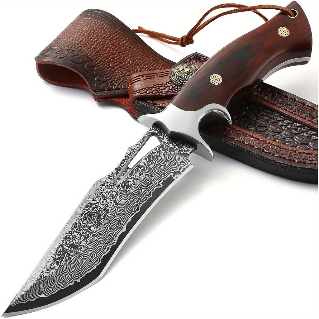 Damascus steel fixed blade knife with wooden handle and leather sheath
