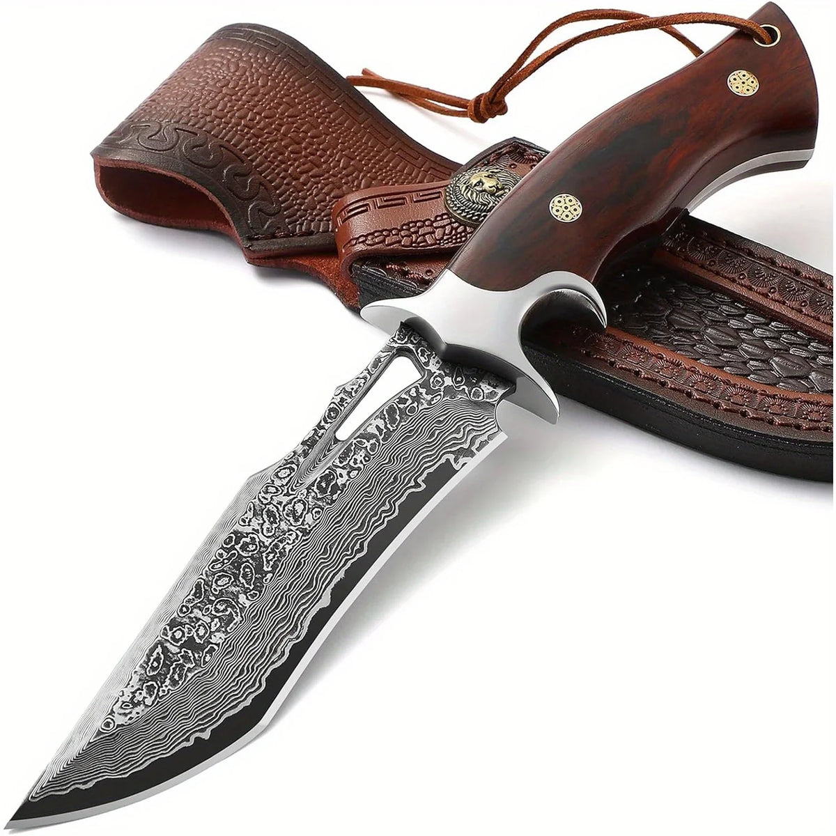 Damascus steel fixed blade knife with wooden handle and leather sheath