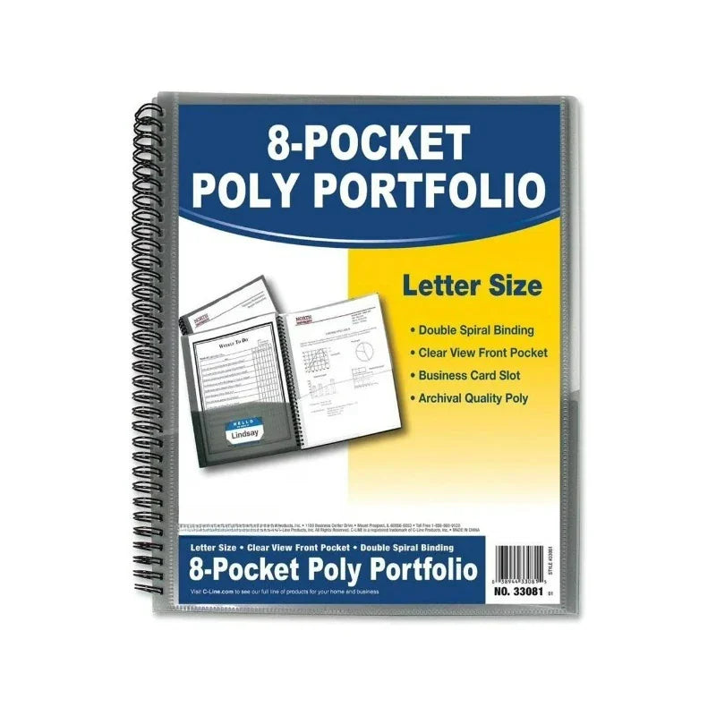 Front view of an 8-pocket poly portfolio with spiral binding and descriptive marketing text