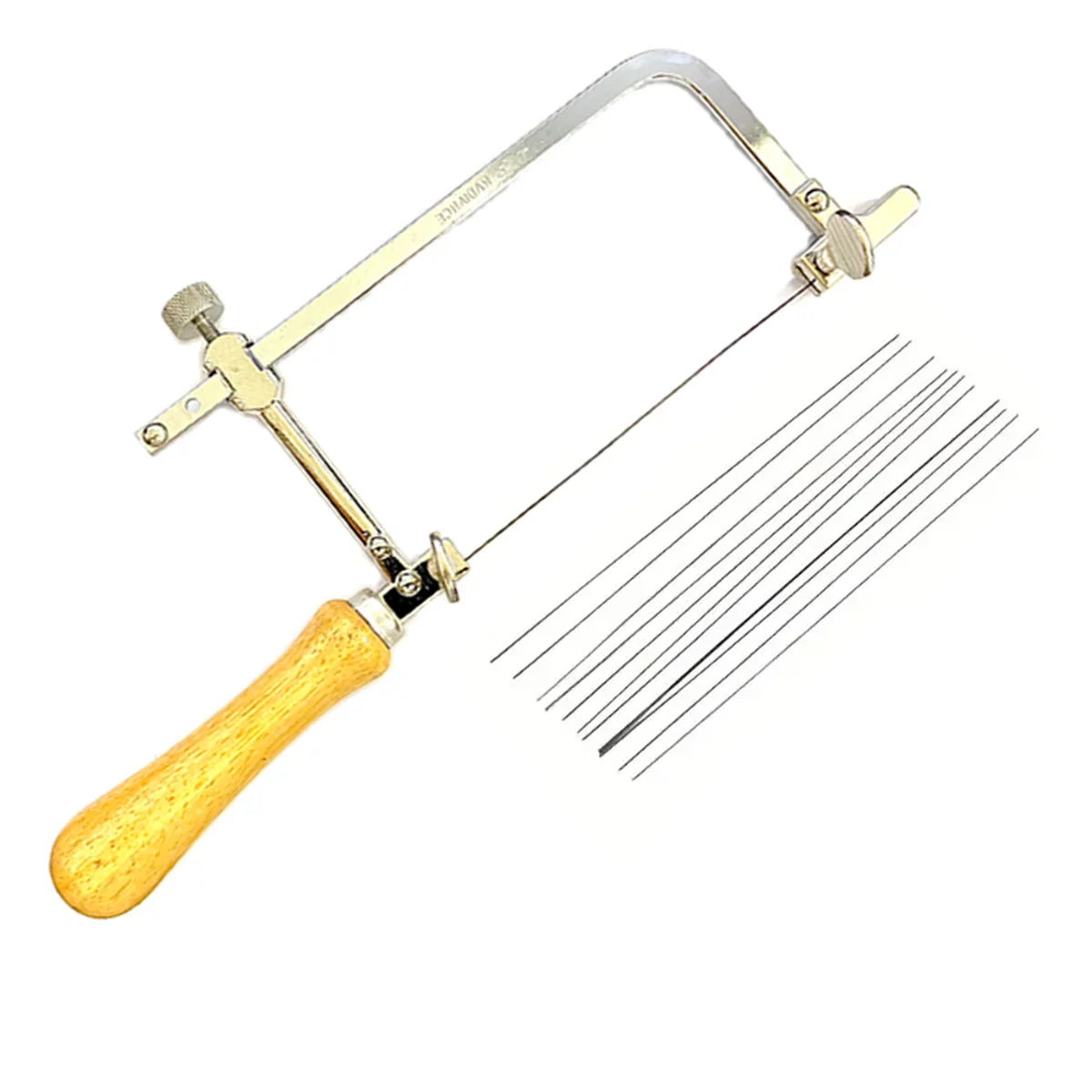U-shaped jewelry saw frame with a wooden handle and 12 spare blades