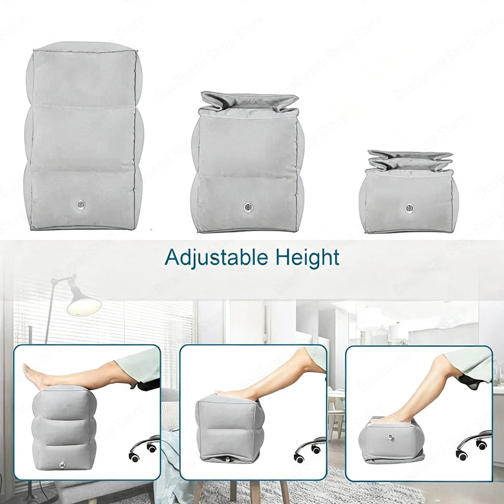 Three-layer grey inflatable footrest showing adjustable height for travel comfort