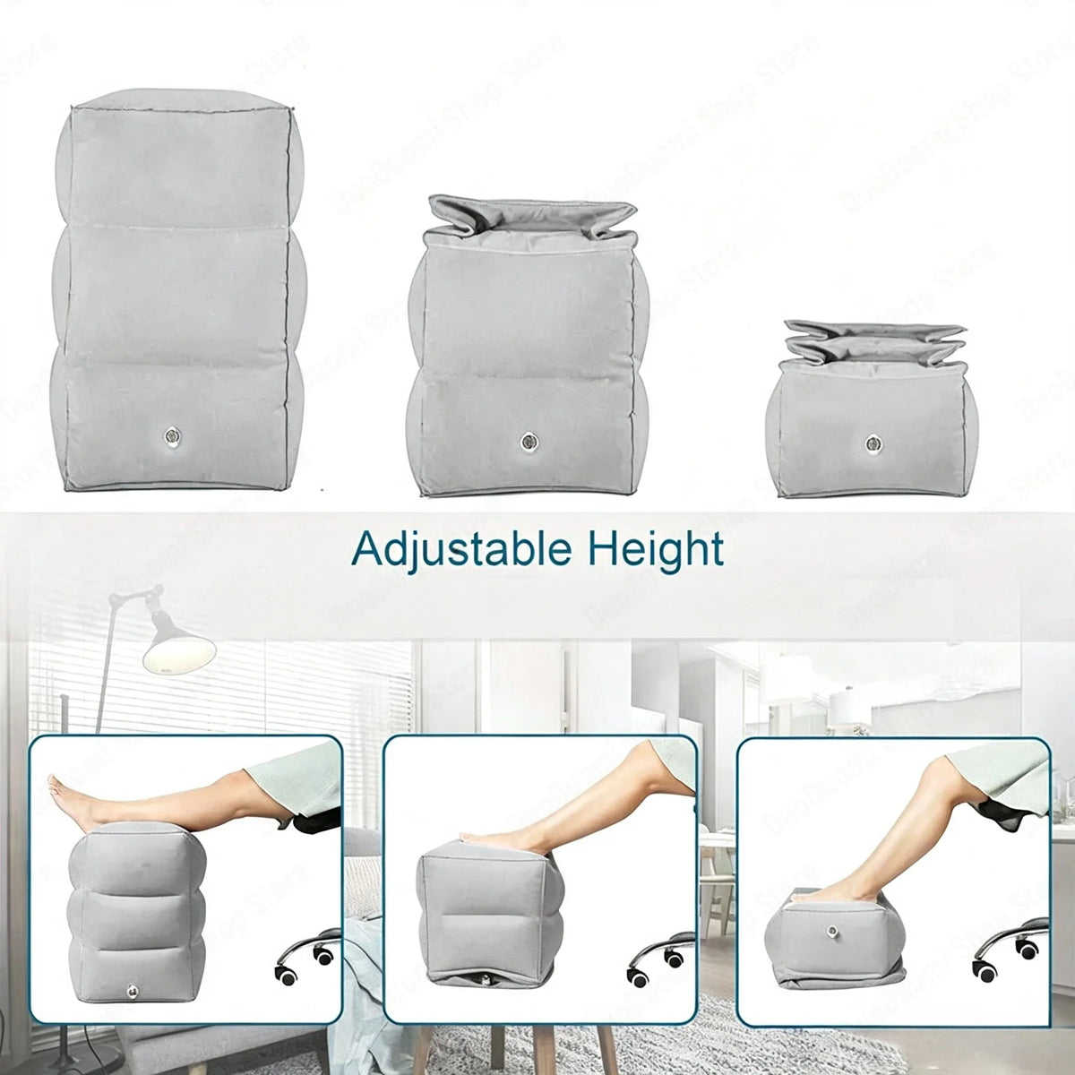 Three-layer grey inflatable footrest showing adjustable height for travel comfort
