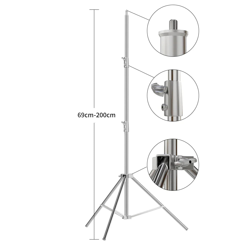 Stainless steel light stand with detailed view of adjustable sections and screws