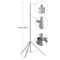 Stainless steel light stand with detailed view of adjustable sections and screws