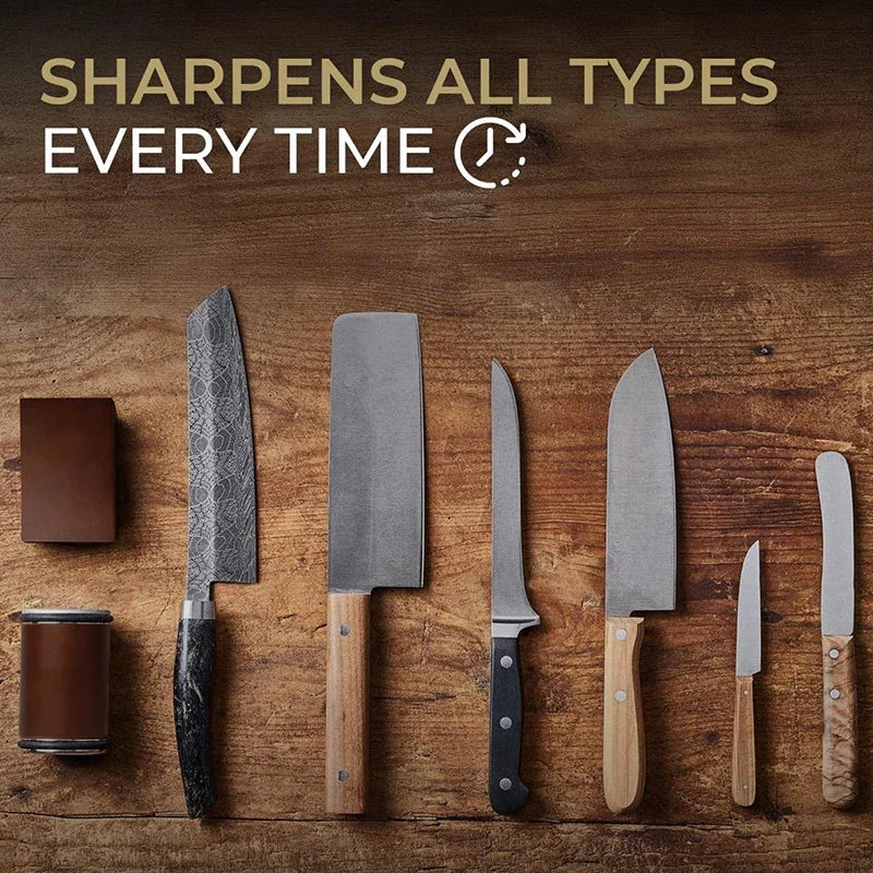 Set of various kitchen knives with a wooden rolling sharpener and base