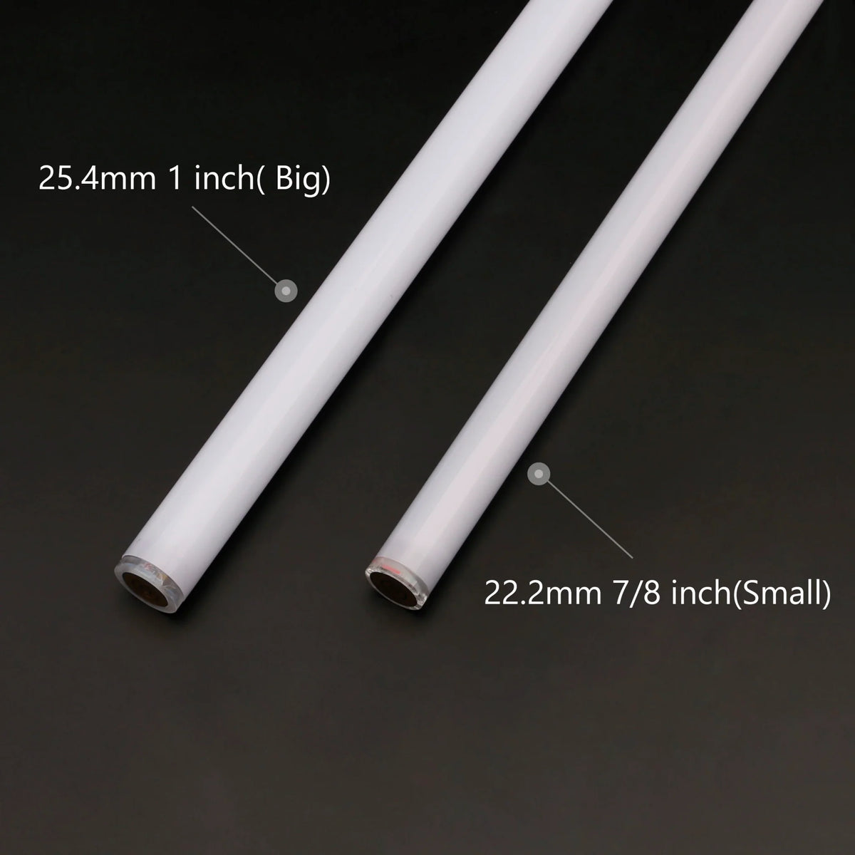 Two lightsaber blades of different diameters labeled with their sizes