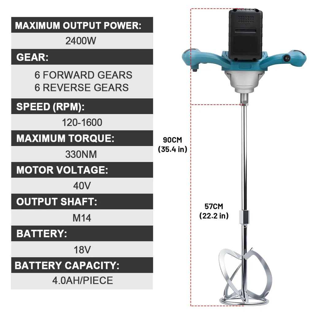 Technical specification chart for a cordless cement mixer including power, speed, torque, and dimensions.