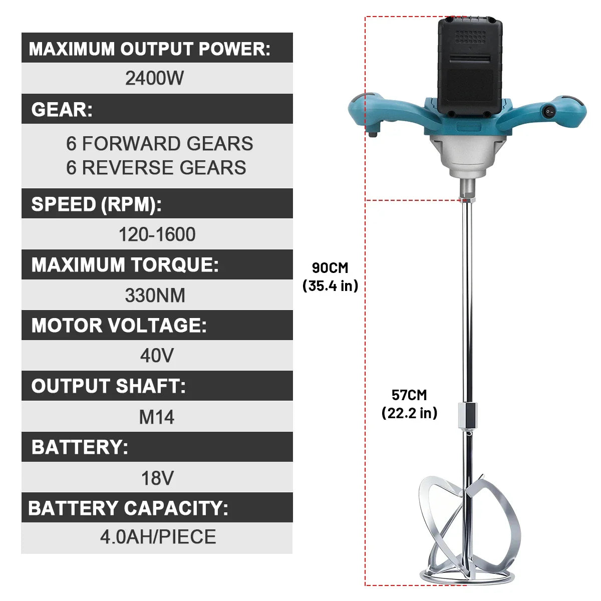 Technical specification chart for a cordless cement mixer including power, speed, torque, and dimensions.