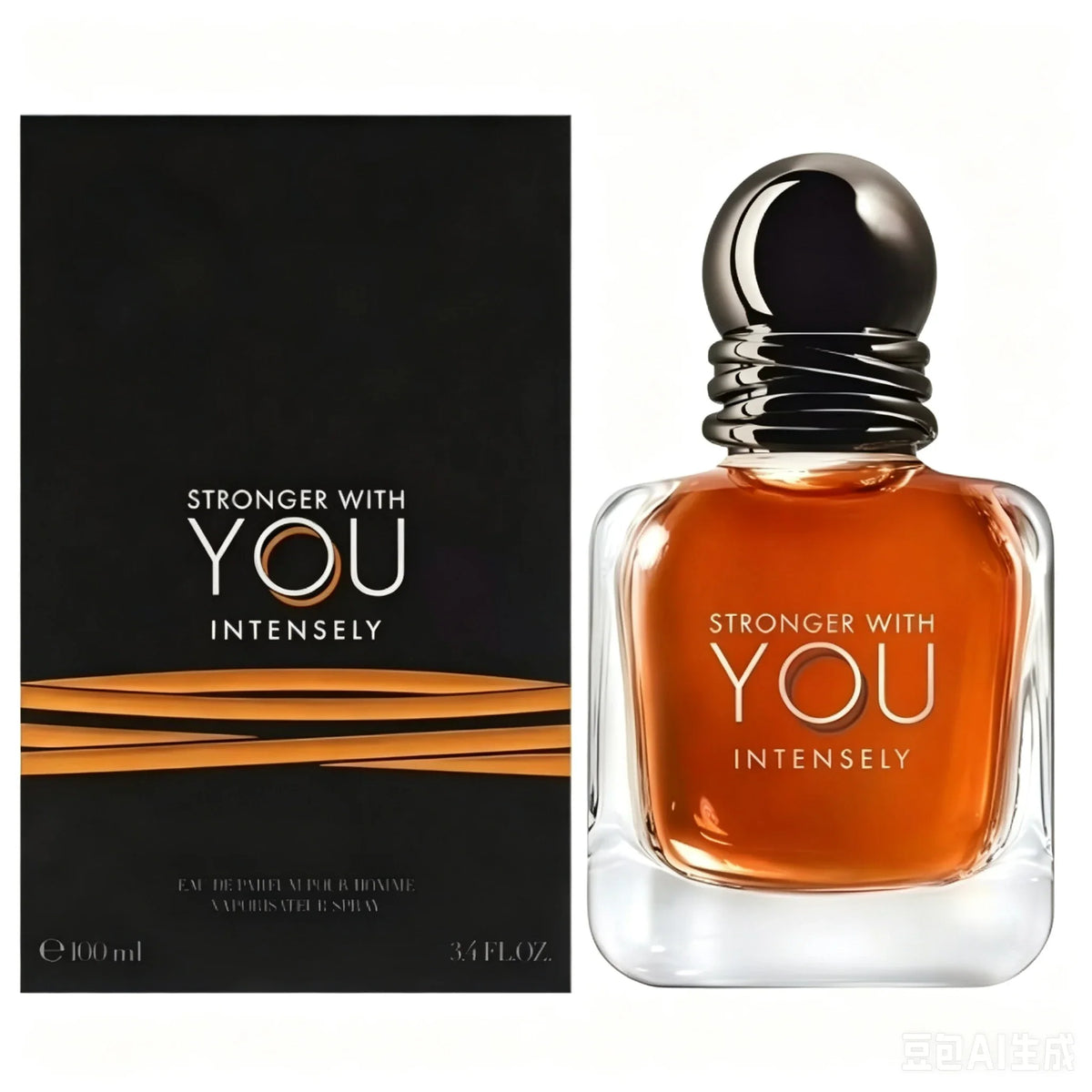 Men's amber perfume bottle with black box packaging, 100ml size