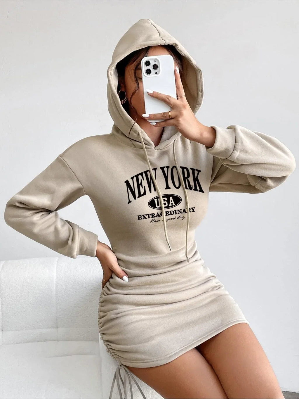 Beige long-sleeve hooded mini dress with New York USA graphic print