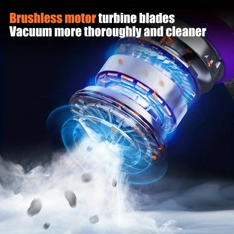Internal view of a handheld vacuum cleaner featuring a brushless motor and turbine blades for powerful suction.