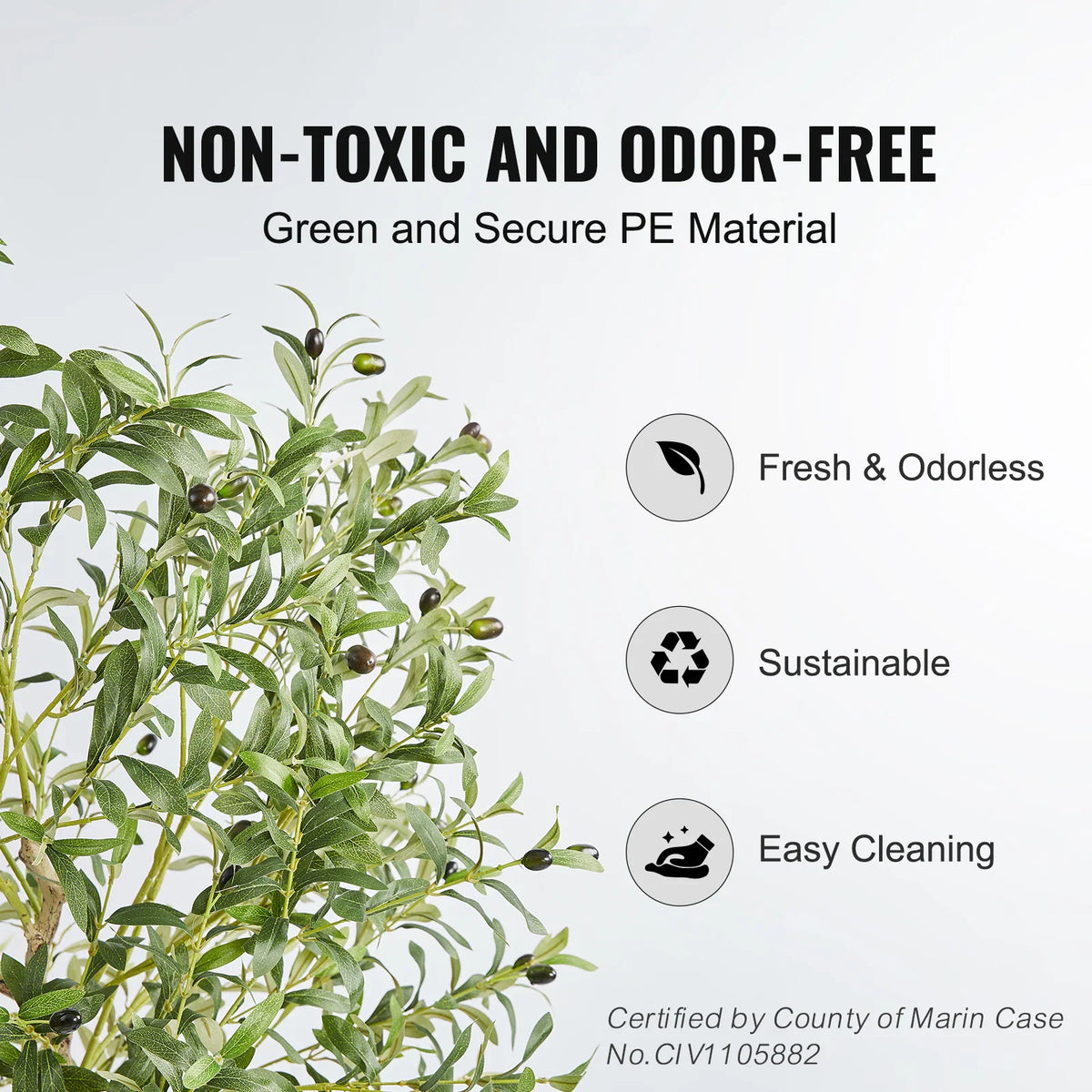 Close up of an artificial olive tree with icons indicating fresh, sustainable, and easy to clean features.