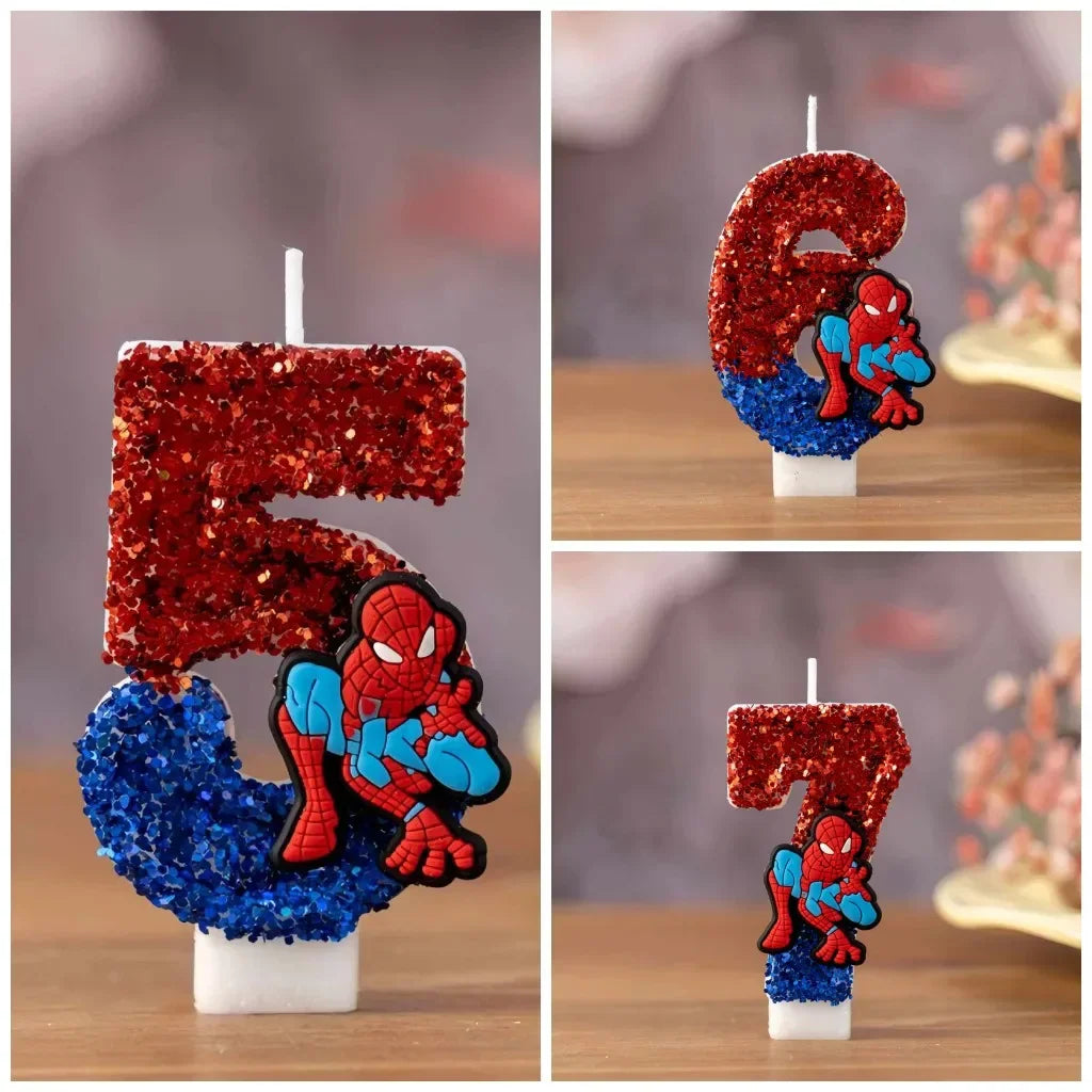 Number 5, 6, and 7 birthday candles decorated with red and blue glitter and a cartoon superhero figure