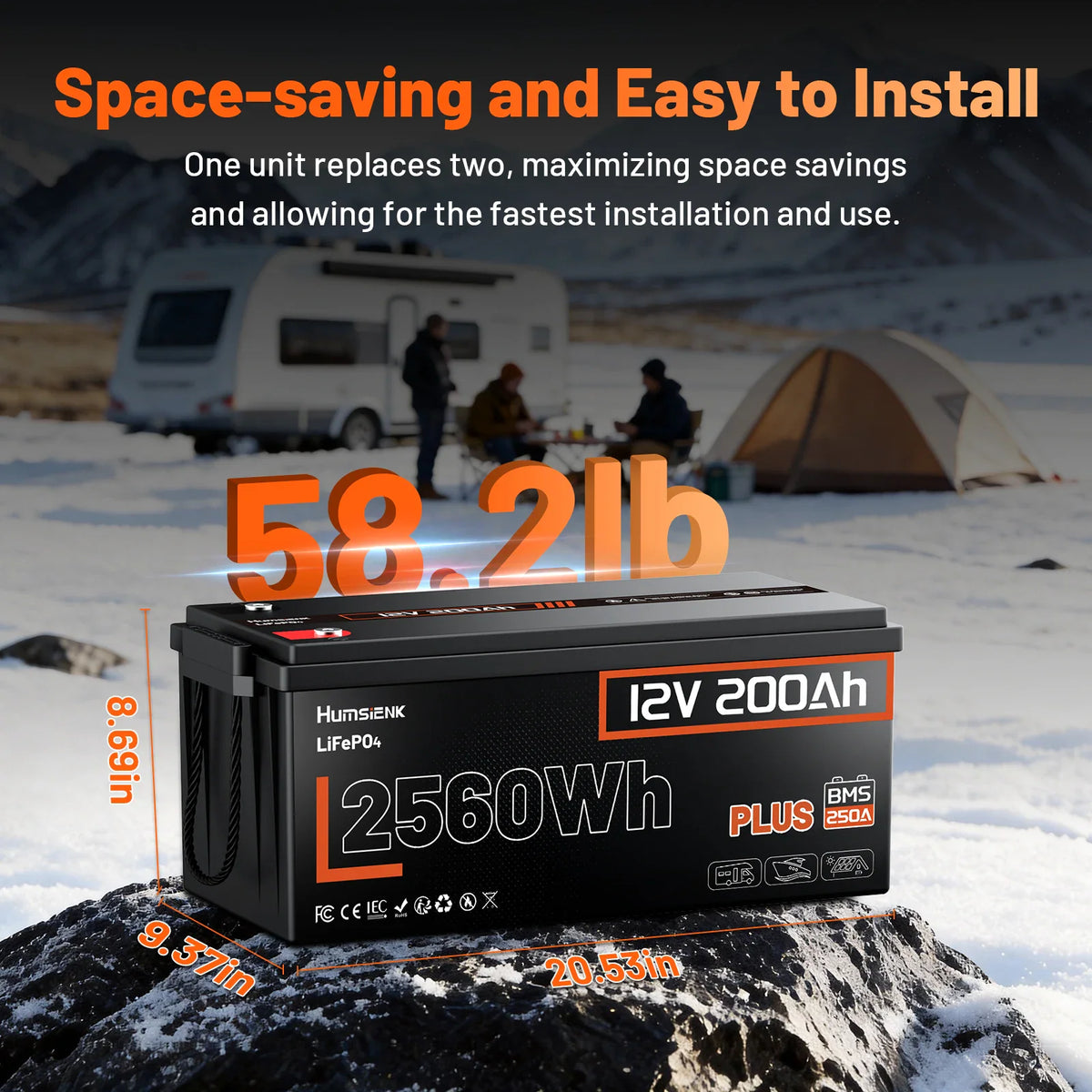 A 12V 200Ah lithium battery in a snowy camping environment with weight specifications.