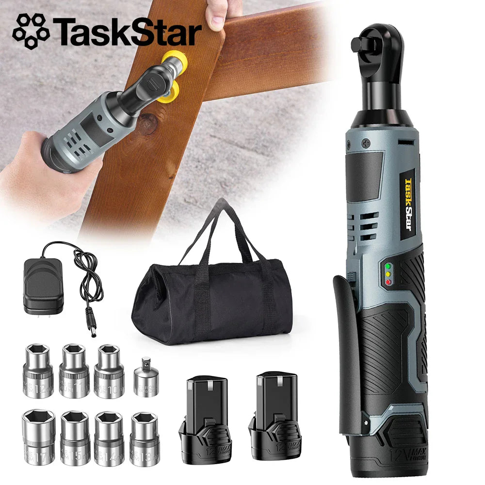 Cordless 3/8 inch electric ratchet wrench tool kit with batteries, charger, and sockets in a storage bag