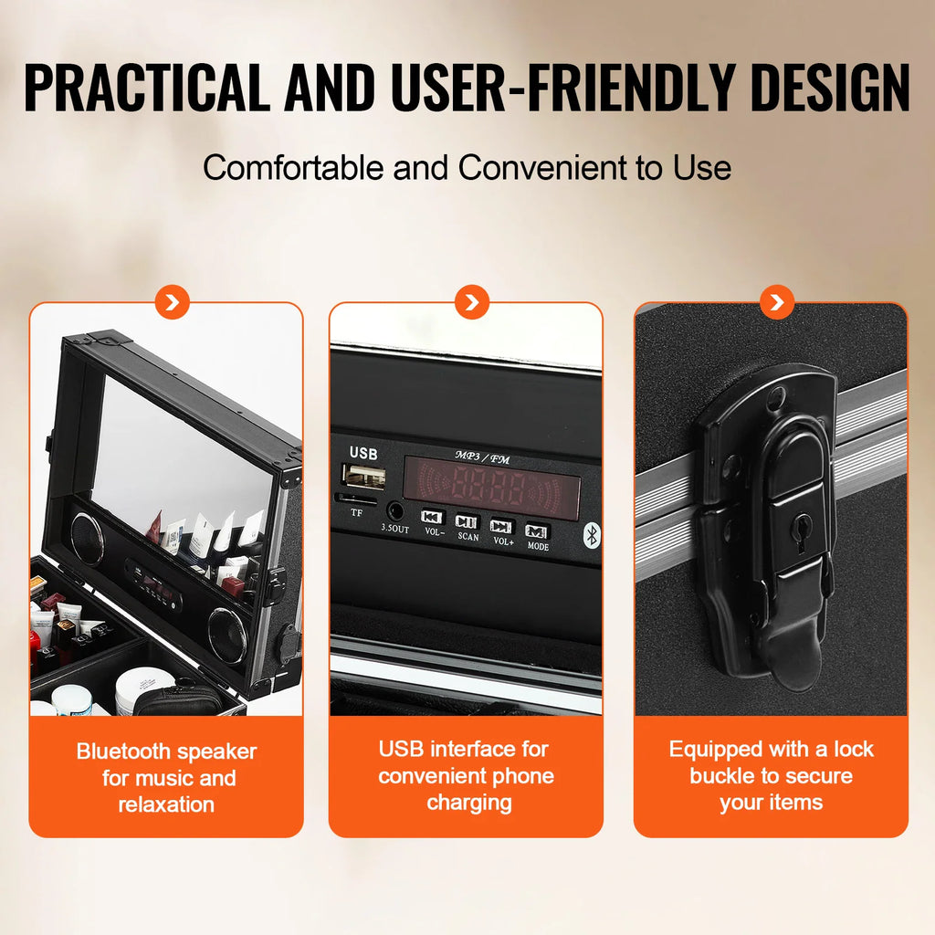 Close-up features of professional makeup case including bluetooth speaker and lock