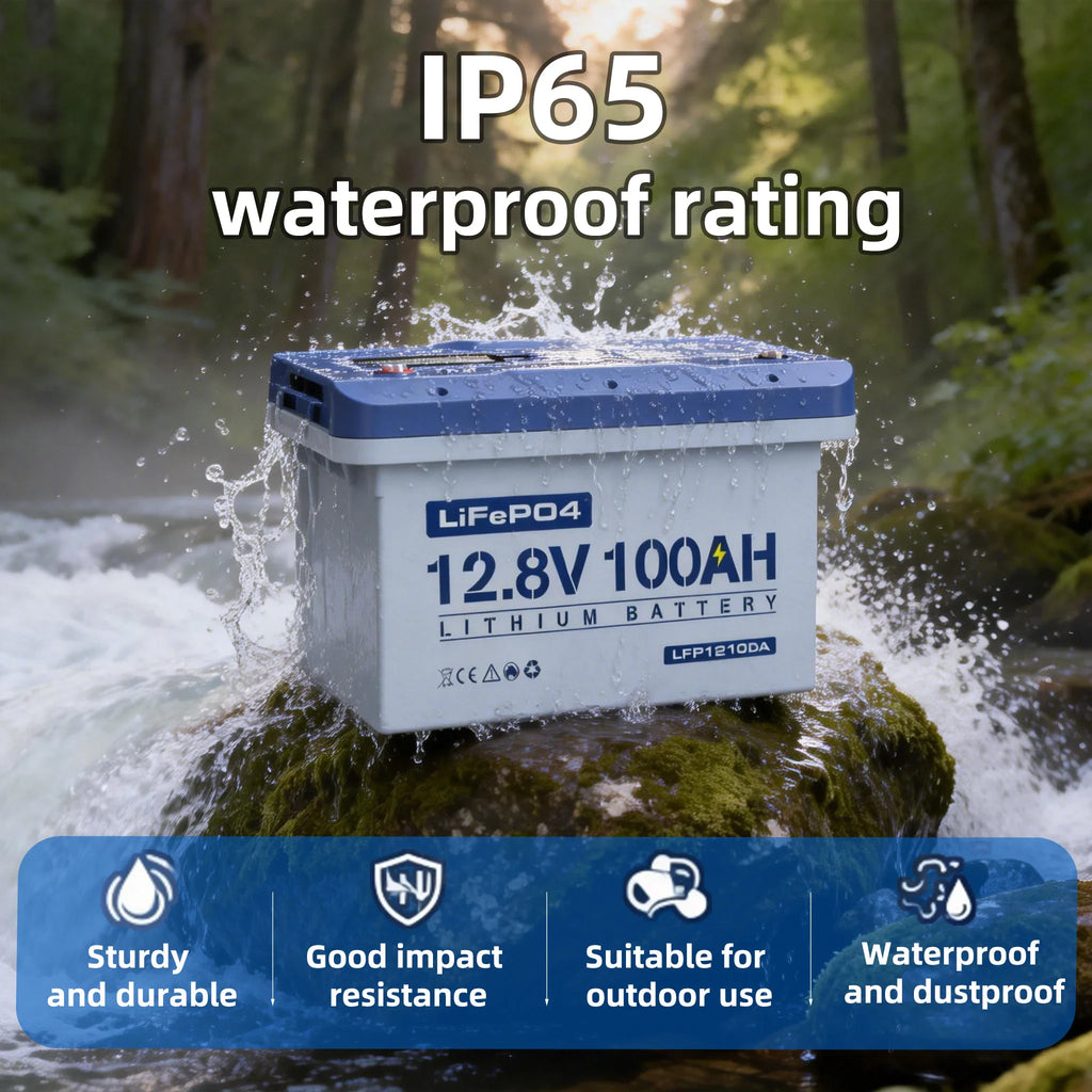 12.8V 100AH lithium battery sitting on a rock in a stream with waterproof rating text