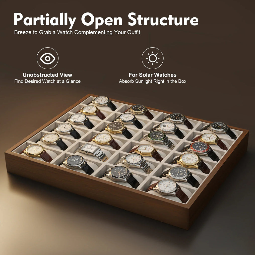 Open wooden 24-slot watch organizer box displaying a collection of watches