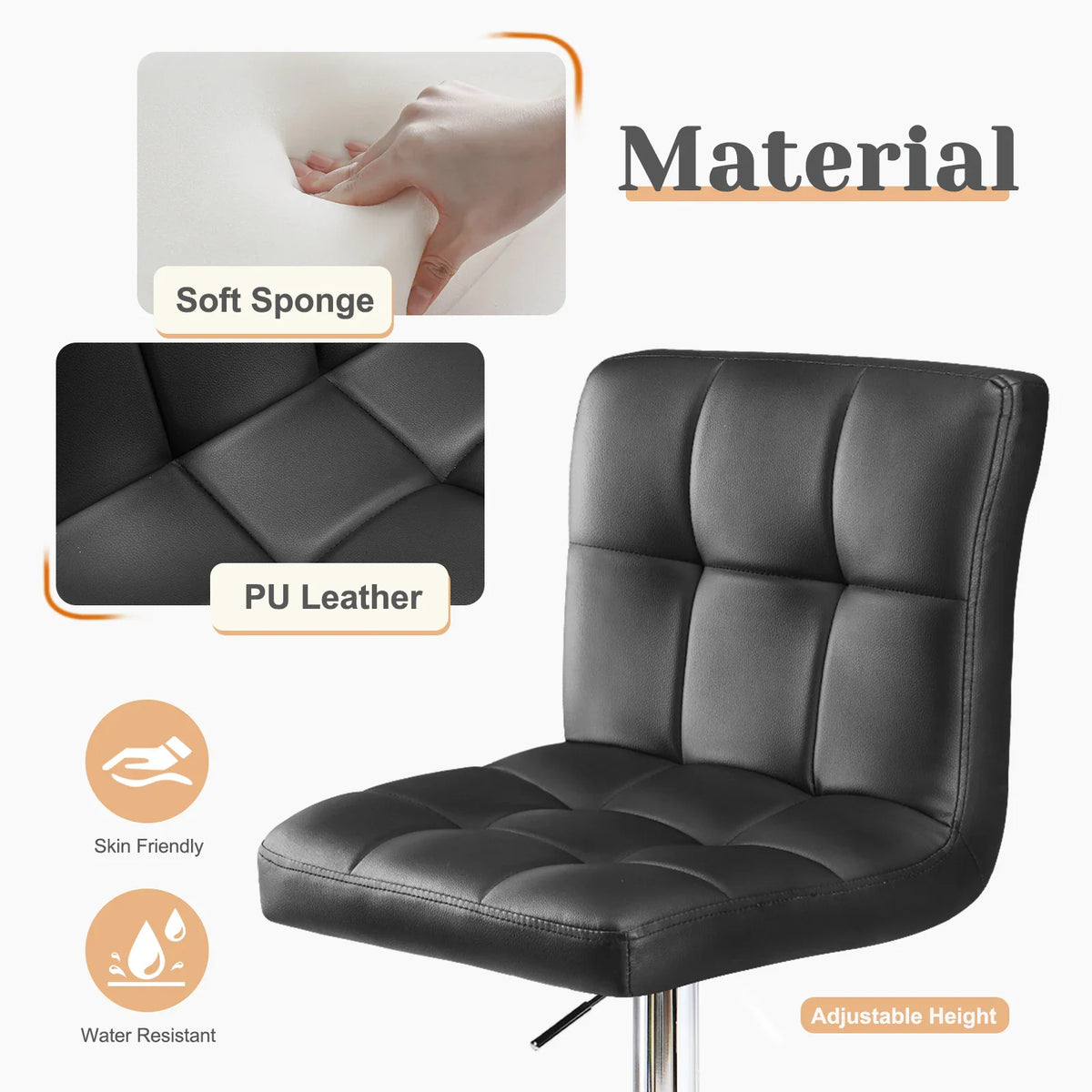 Close-up view of the black bar stool material featuring PU leather and foam cushioning