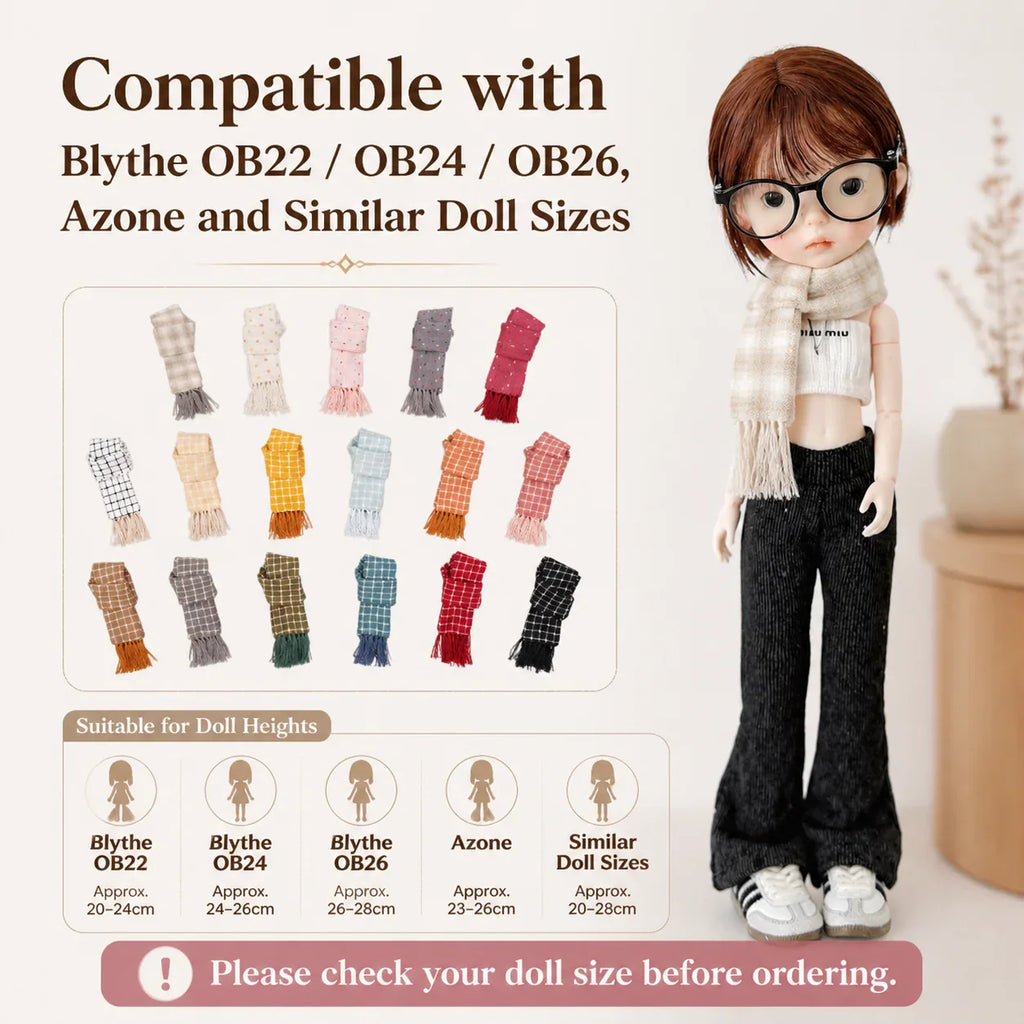 A doll wearing a plaid scarf with a size guide chart and multiple color variations shown