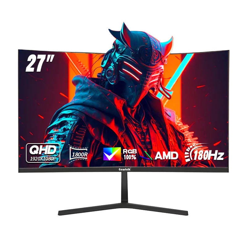 Gawfolk 27-inch curved LED gaming monitor with frameless design and standard stand