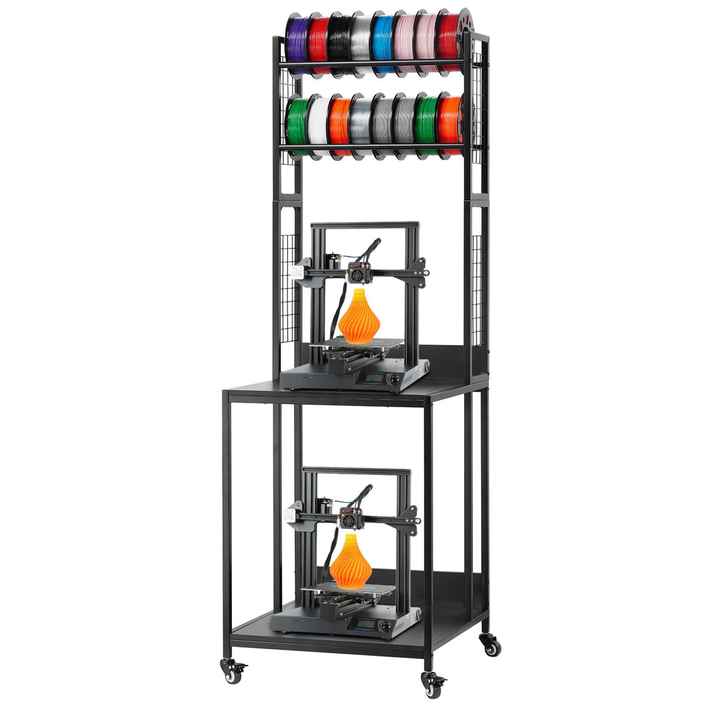A black metal 3D printer stand and filament storage cart with two printers and multiple filament spools.