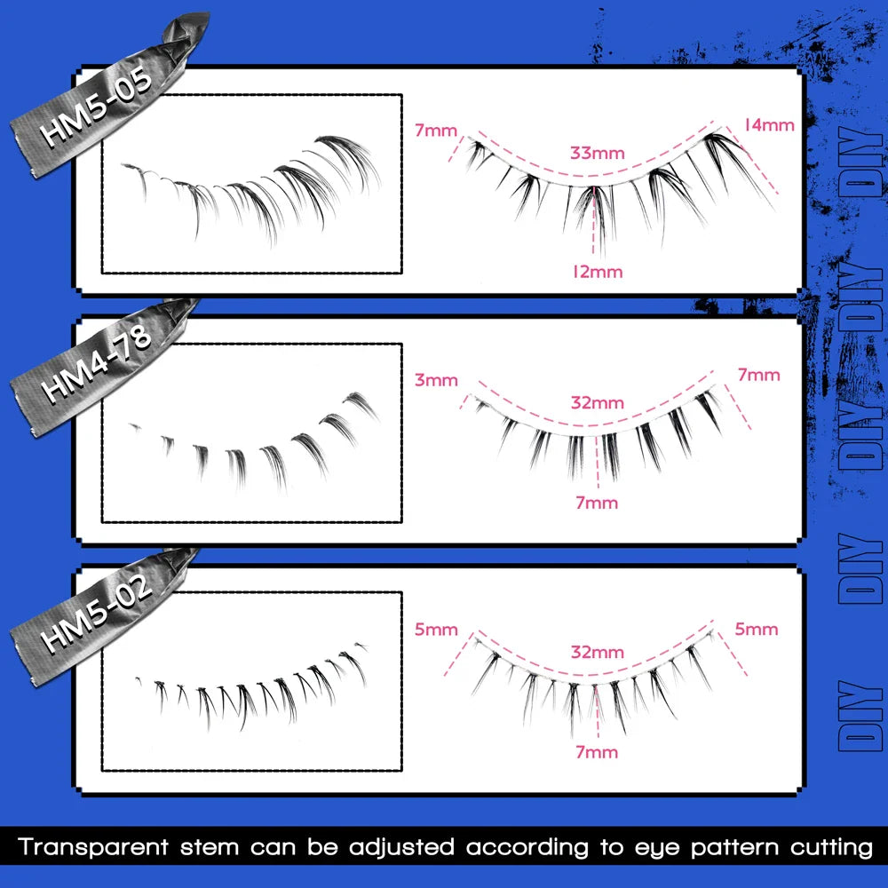 Technical size specifications and measurements for multiple styles of lower false eyelashes