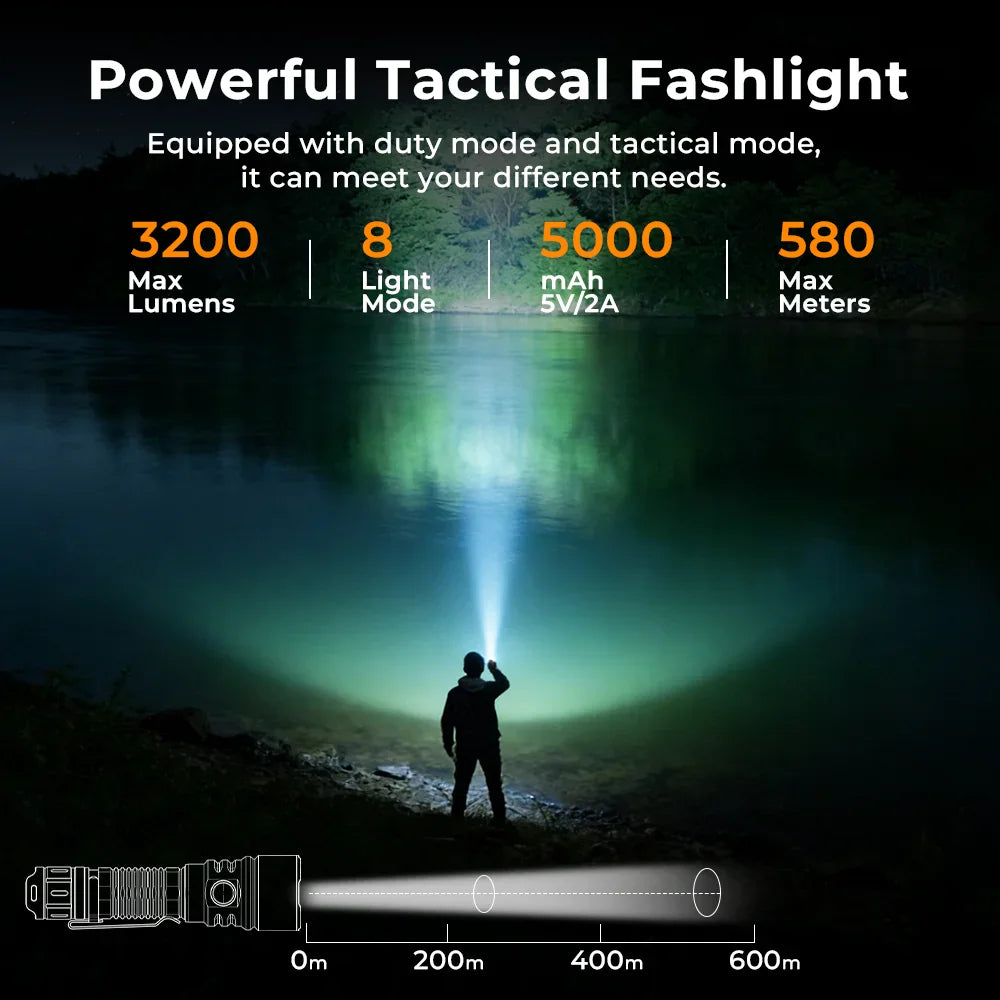 A person holding a powerful tactical flashlight casting a long beam of light across a lake at night