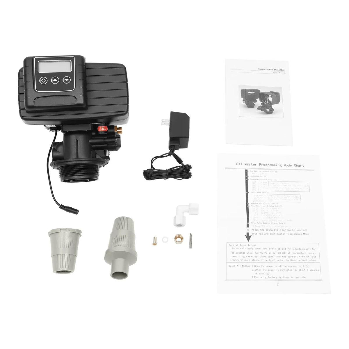 Water softener control valve kit including power adapter, small fittings, and user instruction manual