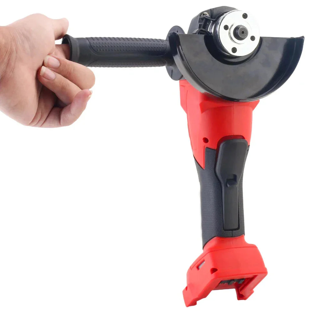 Red and black cordless 125mm angle grinder handheld view