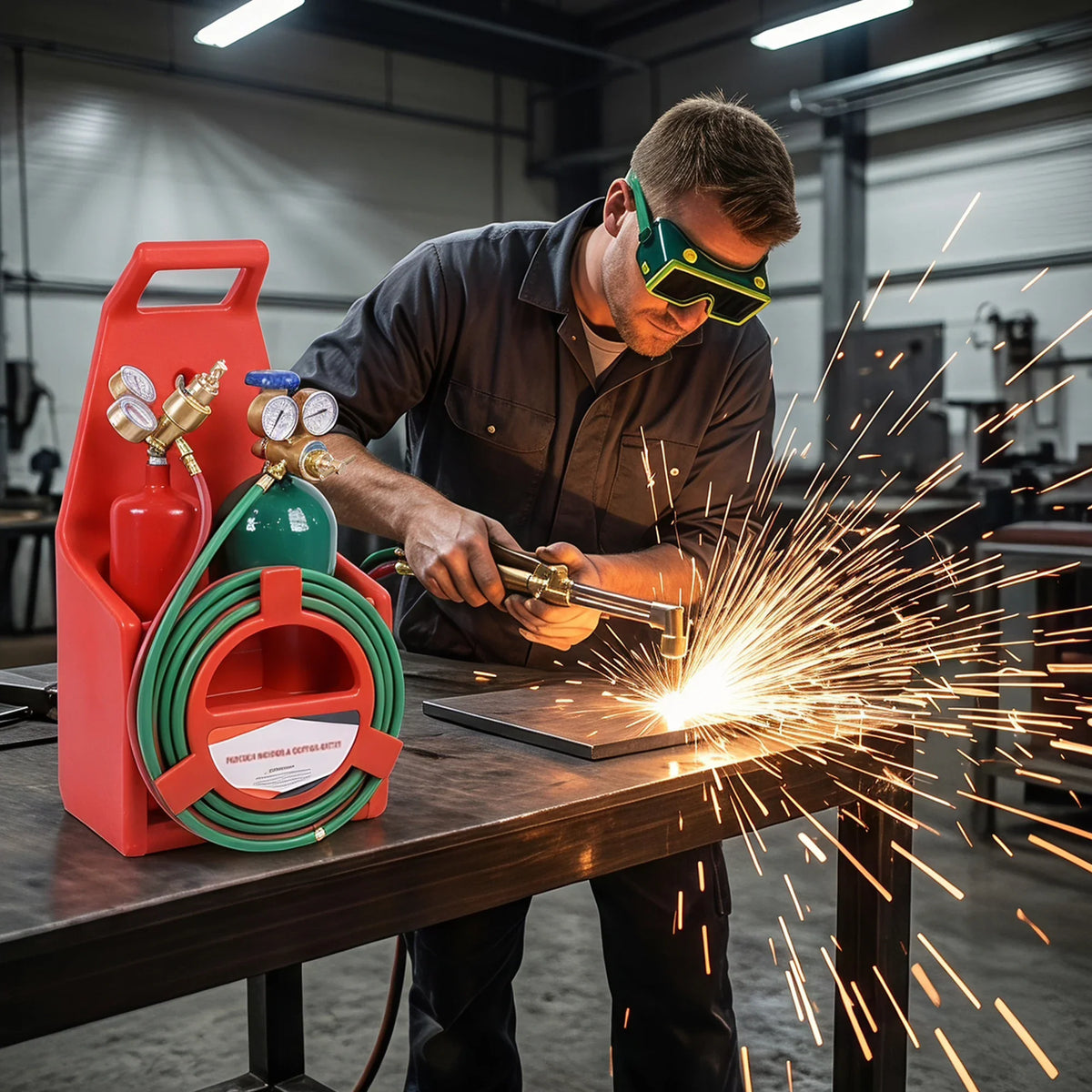 A man using an oxygen acetylene torch to weld metal in a workshop