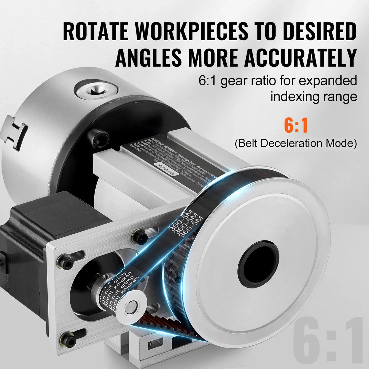 Close up of 6:1 gear reduction belt system on a rotary axis for CNC machines
