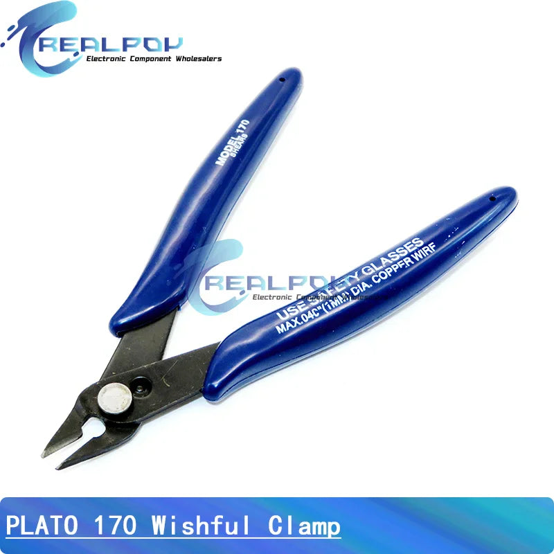 Blue handled diagonal cutting pliers for electronics with printed instructions on the handle