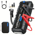 Portable car jump starter with air compressor, jumper cables, nozzle adapters, and carrying case