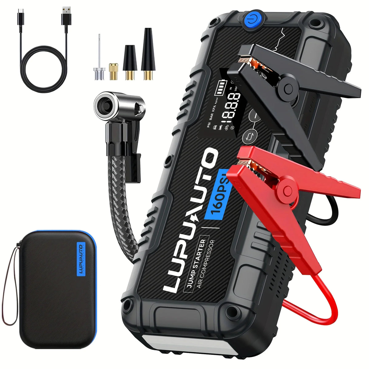 Portable car jump starter with air compressor, jumper cables, nozzle adapters, and carrying case
