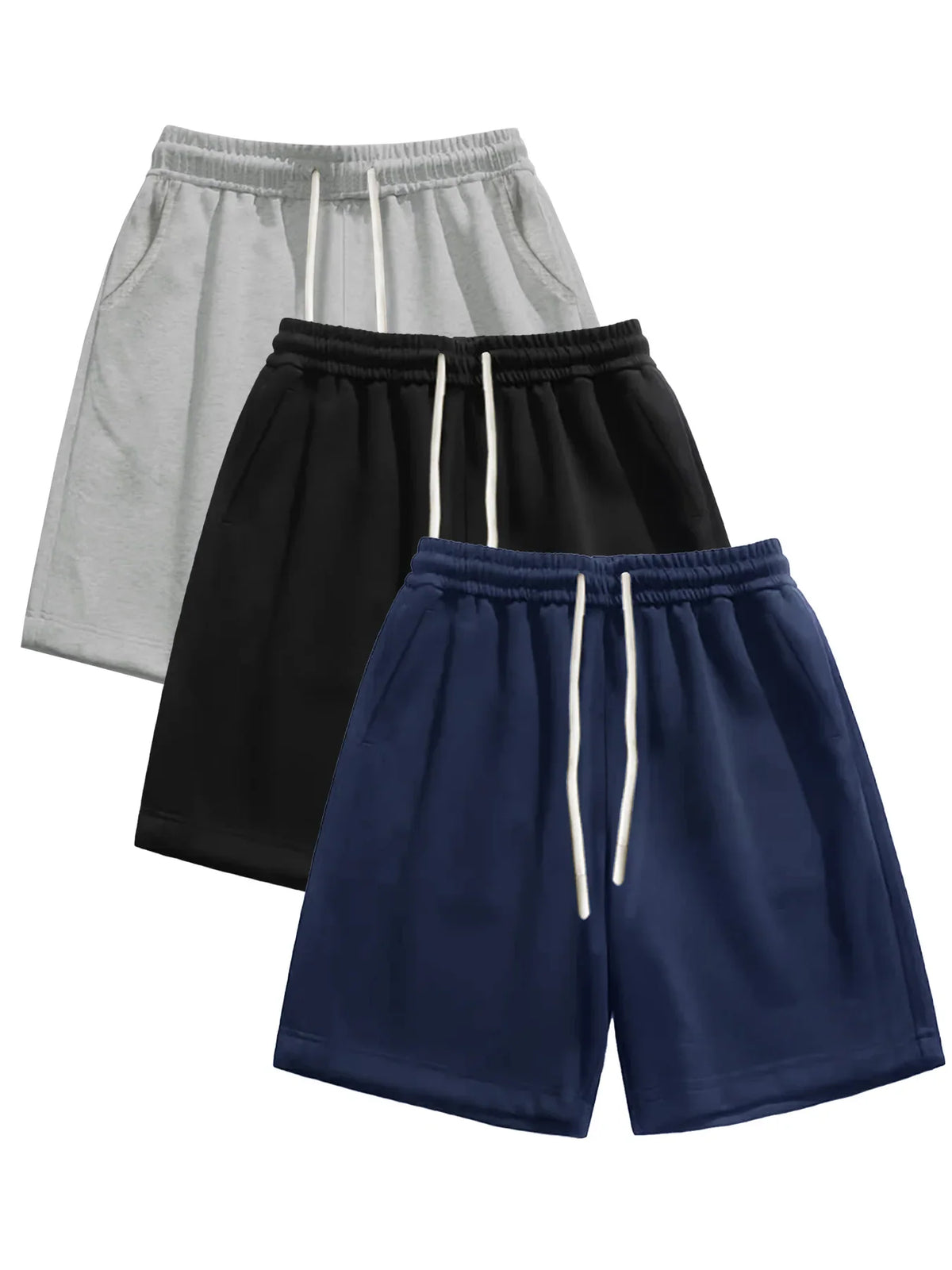 Three pairs of men's drawstring shorts in grey, black, and dark blue.