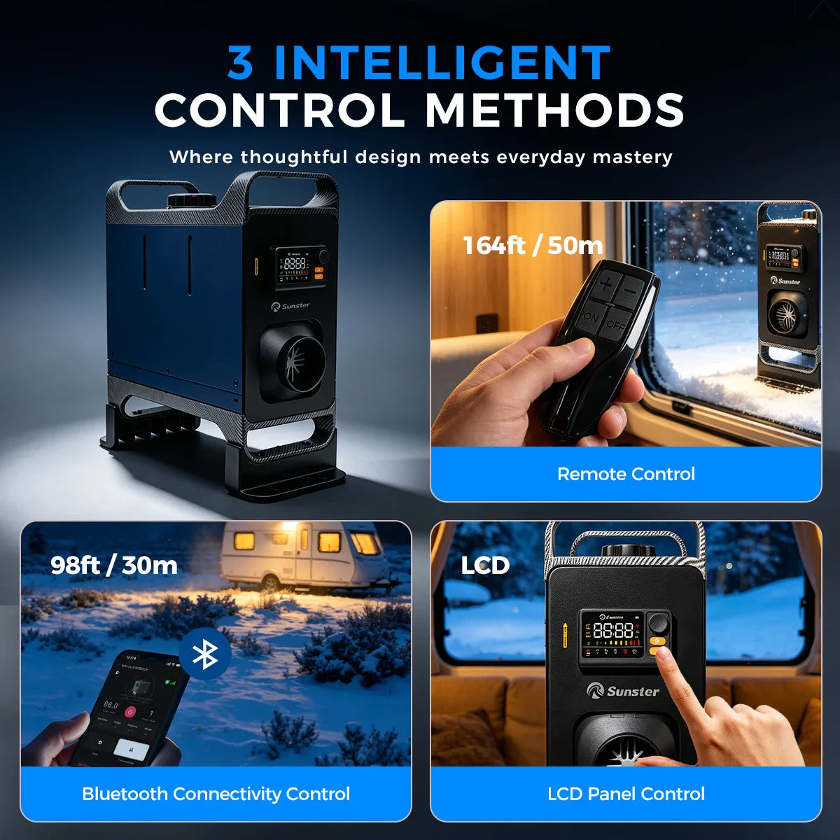 Portable diesel heater showing three control methods: remote, smartphone app, and built-in LCD panel.