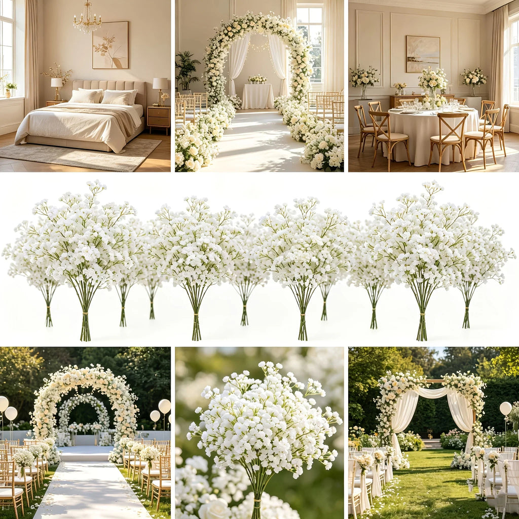 A collage showing bouquets of white baby's breath flowers in wedding and home decor settings.