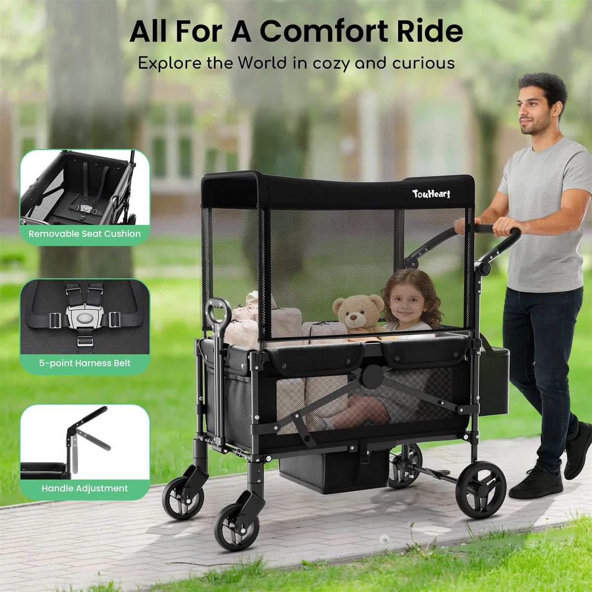 Man pushing a black foldable stroller wagon with a child and toy inside